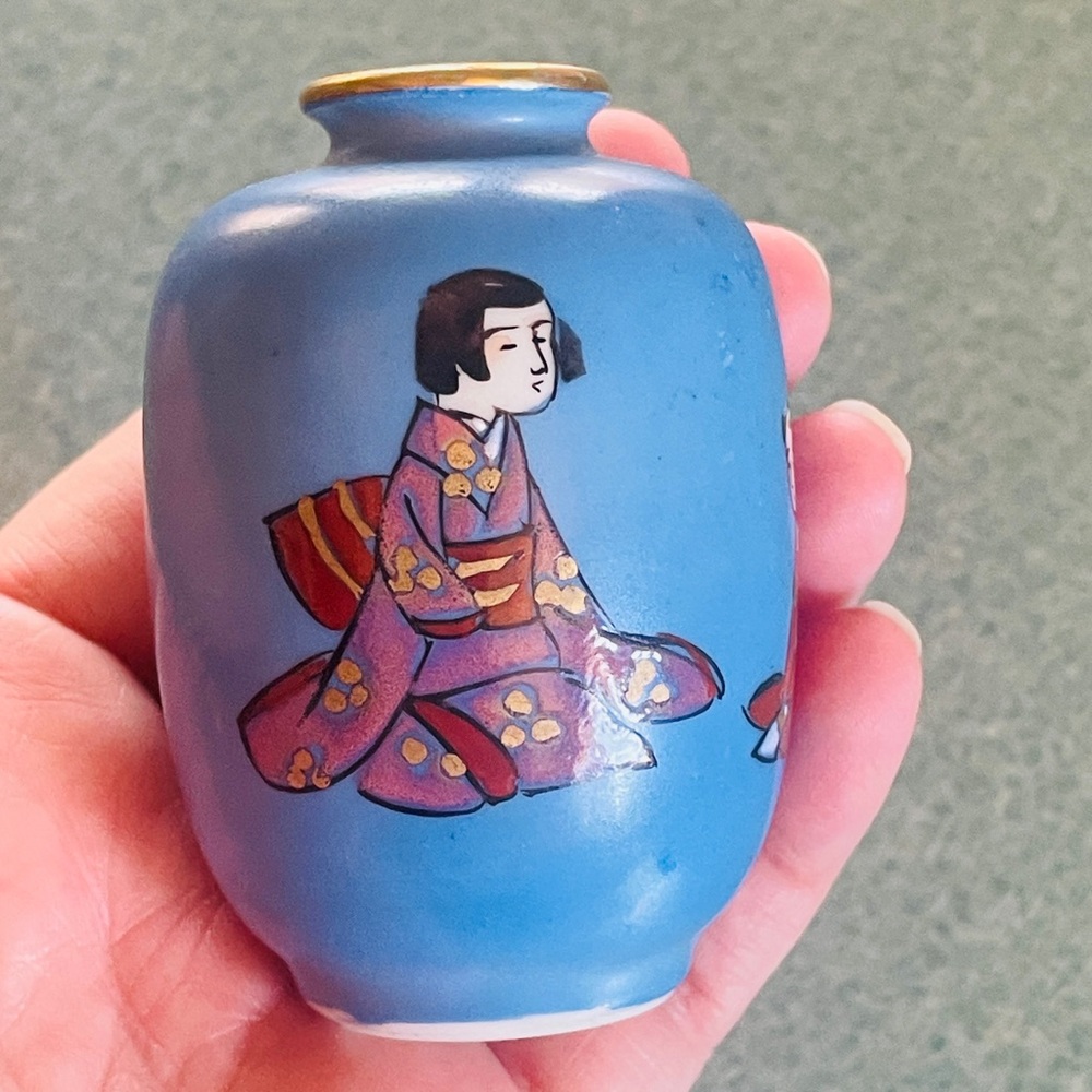 Vintage Japanese Blue Hand-Painted Mini Porcelain Vase~ 3”